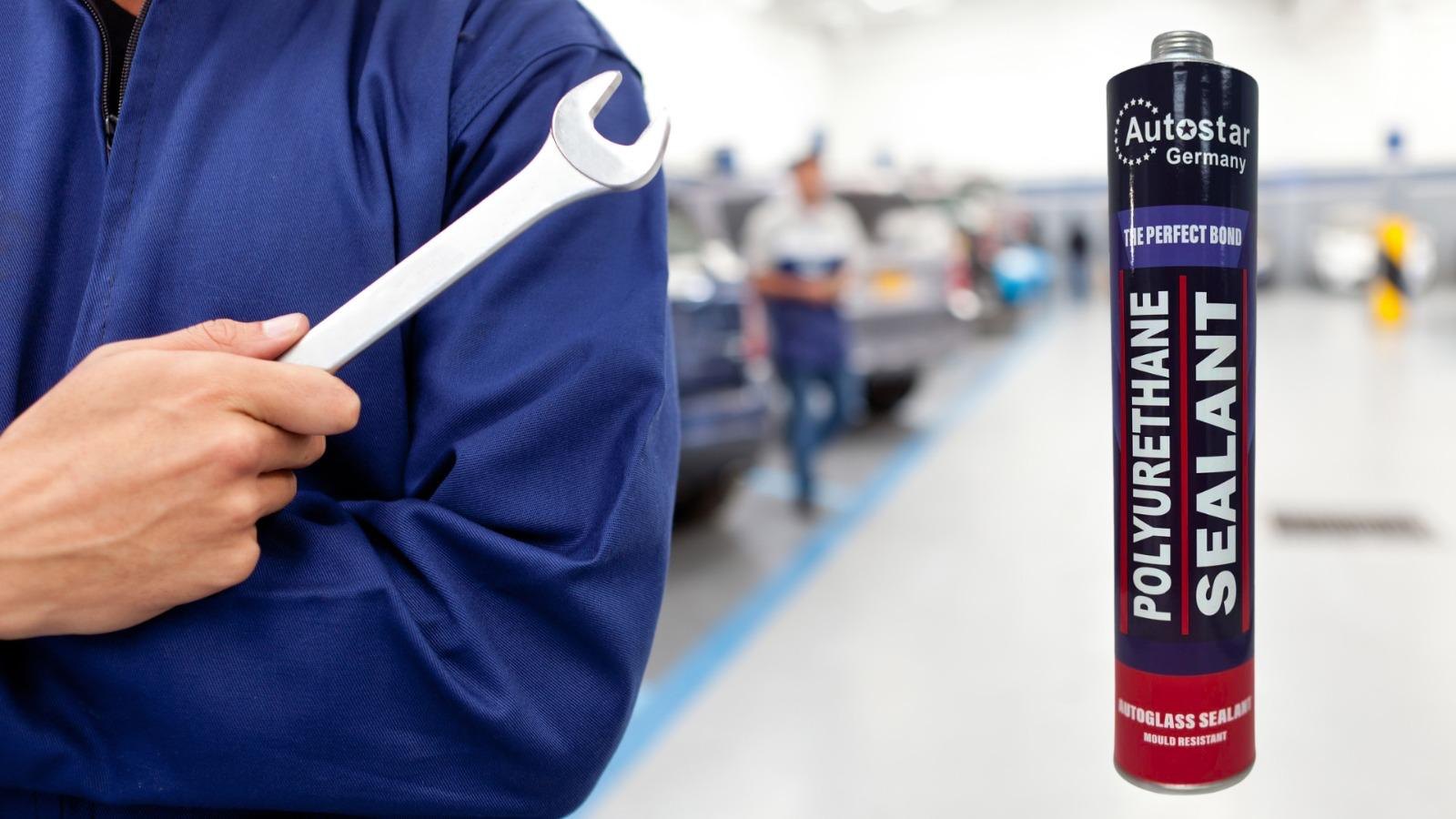 Installer applying AutoStar windscreen bonding adhesive during vehicle glass fitting