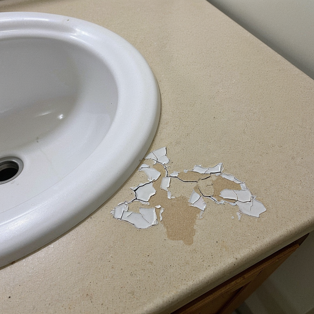 Close-up of peeling sealant around a bathroom sink, showing damage caused by improper application.