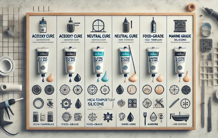 Digital illustration showing different types of silicone sealants with icons representing applications such as bathroom sealing, kitchen waterproofing, and automotive glass bonding.