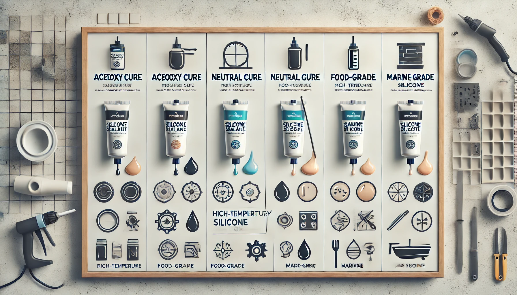 Digital illustration showing different types of silicone sealants with icons representing applications such as bathroom sealing, kitchen waterproofing, and automotive glass bonding.