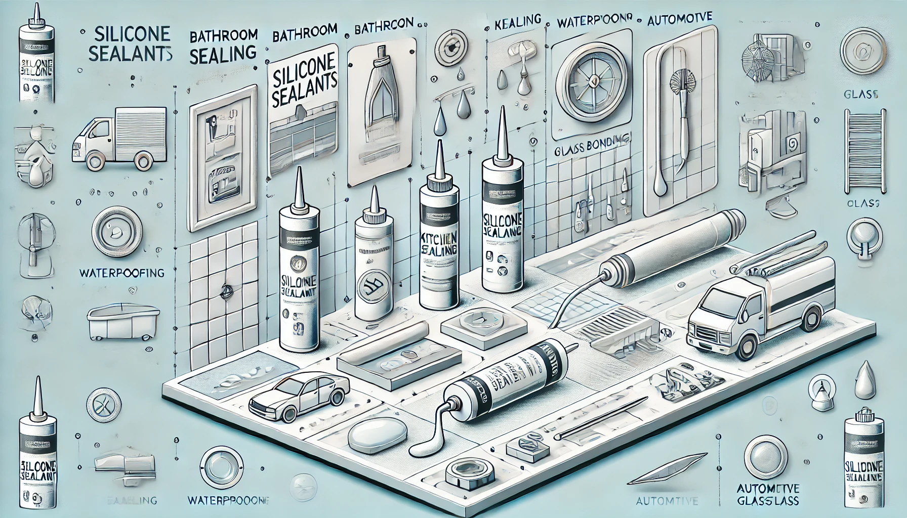 Digital illustration showing different types of silicone sealants with icons representing applications such as bathroom sealing, kitchen waterproofing, and automotive glass bonding.