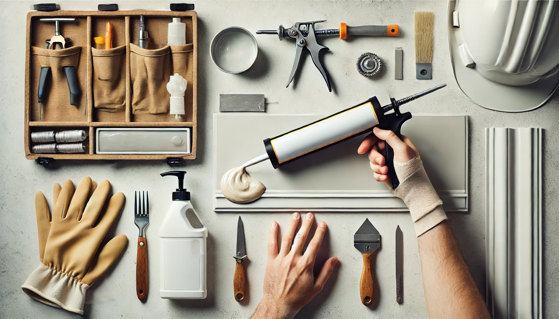 Professional workspace with tools for silicone sealant maintenance, including a caulking gun, gloves, and cleaning supplies.