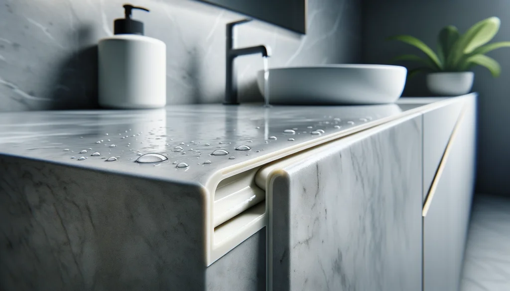 Close-up of a perfectly sealed joint in a high-moisture environment, such as a bathroom sink, with water droplets highlighting the moisture-resistant silicone seal.