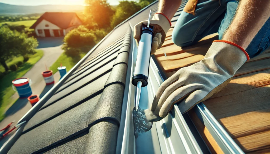 A close-up view of a professional sealing a rooftop gutter to prevent leaks using a caulking gun and sealant, with a clean, modern roof and sunny outdoor setting.