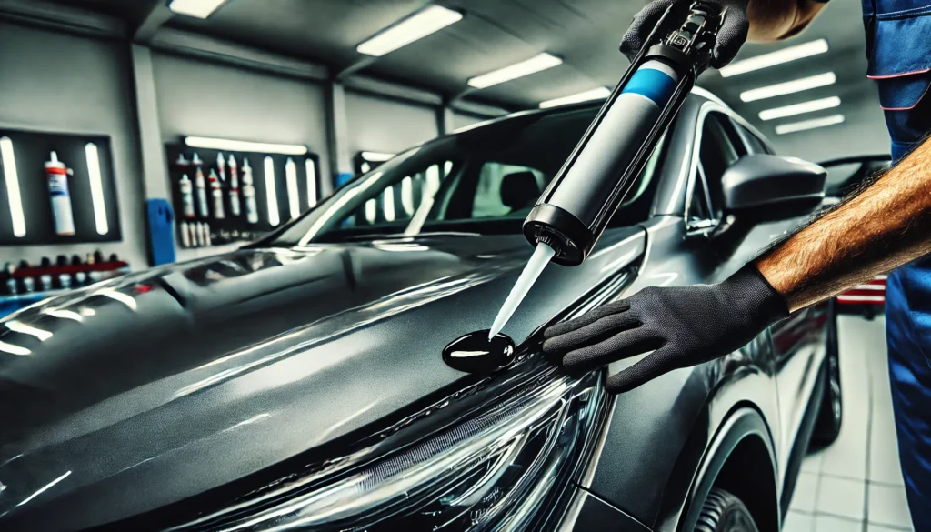 A close-up of a professional applying sealant to a car windshield or body panel using a caulking gun in a well-lit auto repair shop.