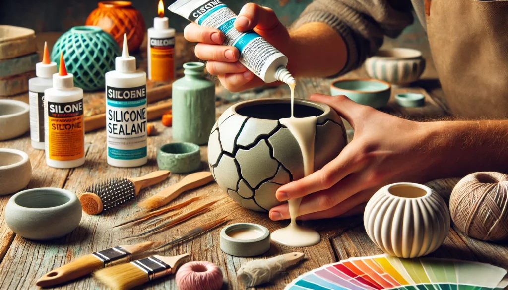 A close-up of hands repairing a cracked ceramic pot or crafting a waterproof decorative item using silicone sealant in a creative workspace.