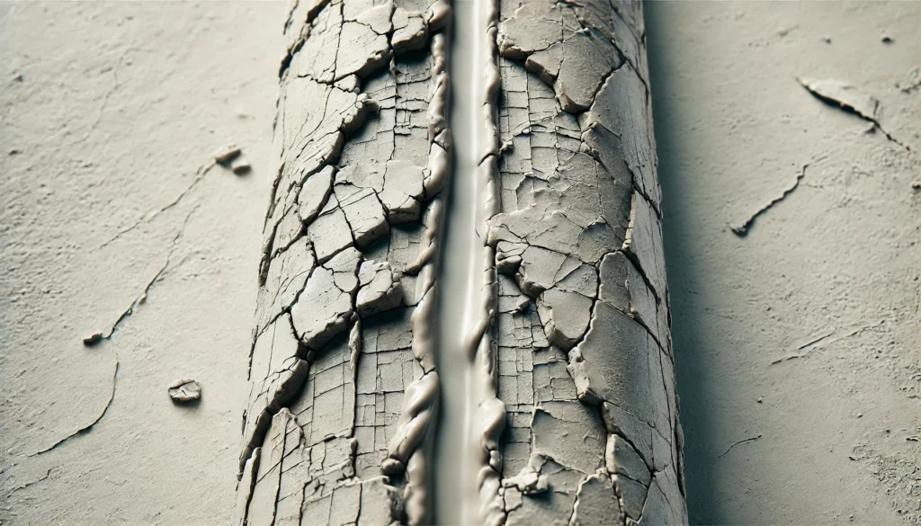 A close-up of cracked and deteriorating sealant on a surface, showing visible damage and aging, with a neutral background for emphasis.