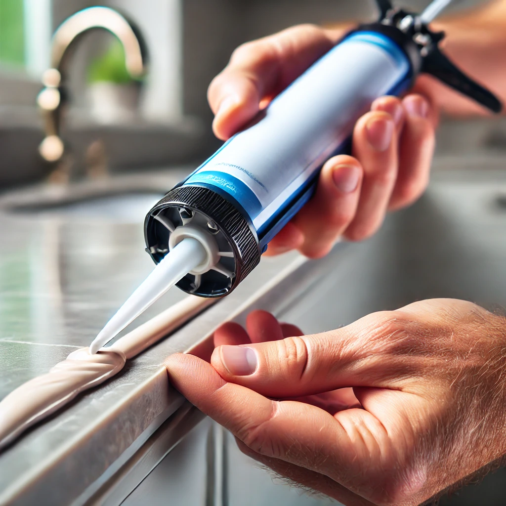 A close-up of hands applying silicone sealant with a caulking gun to a surface, such as a bathroom sink or kitchen countertop