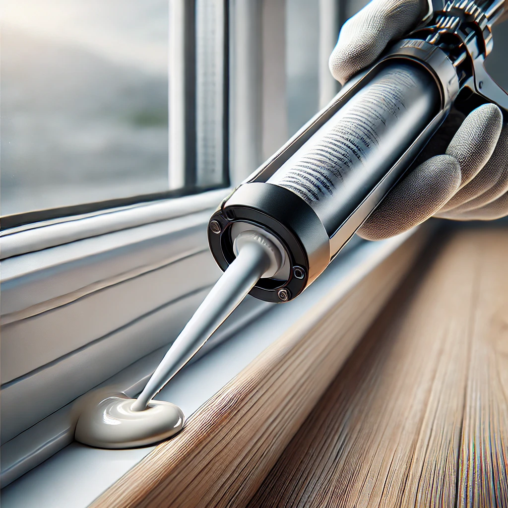 Applying silicone sealant to a window frame using a caulking gun for weatherproofing.