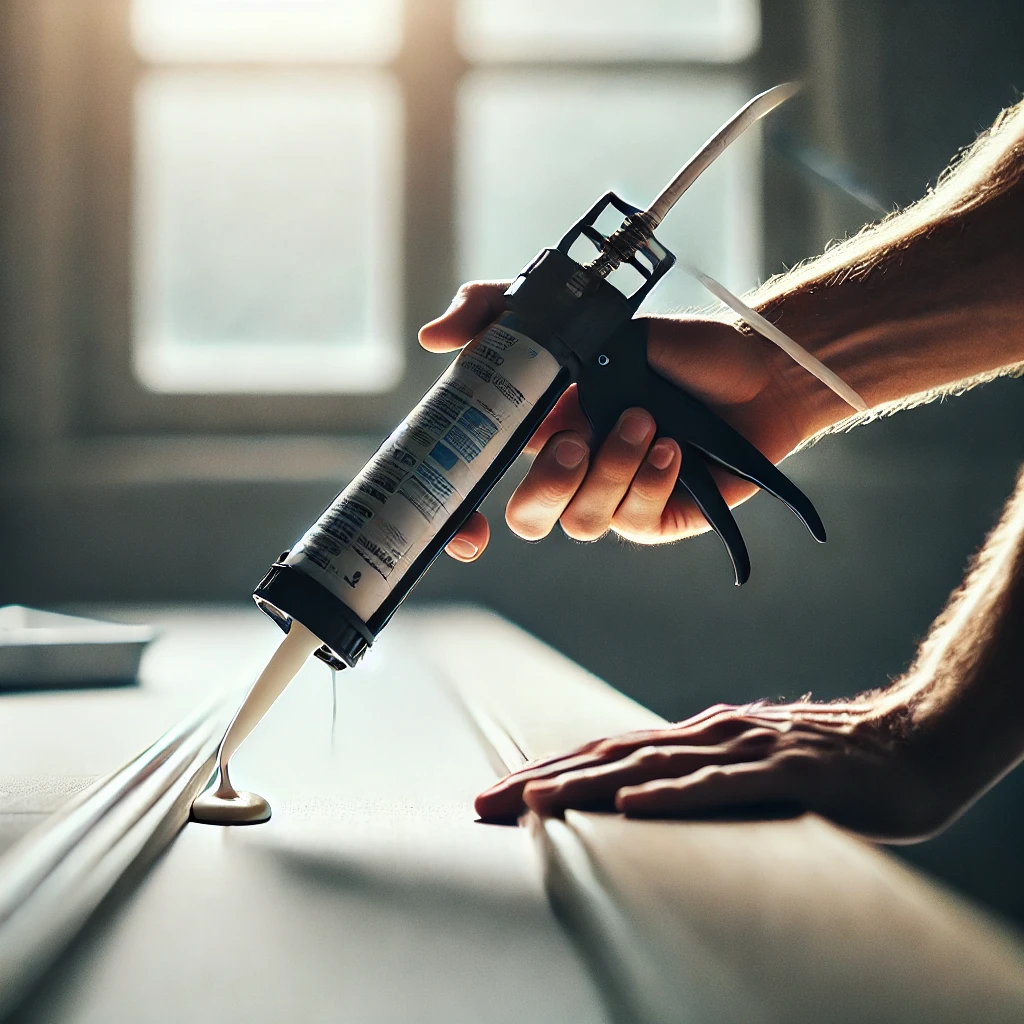 A person using a caulking gun to apply silicone sealant precisely along the edges of a surface.