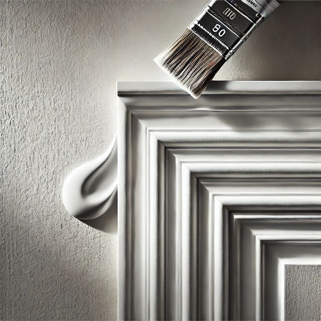 Close-up of crown molding with a smooth, paintable finish, showcasing the seamless application of acrylic sealant in trim work.