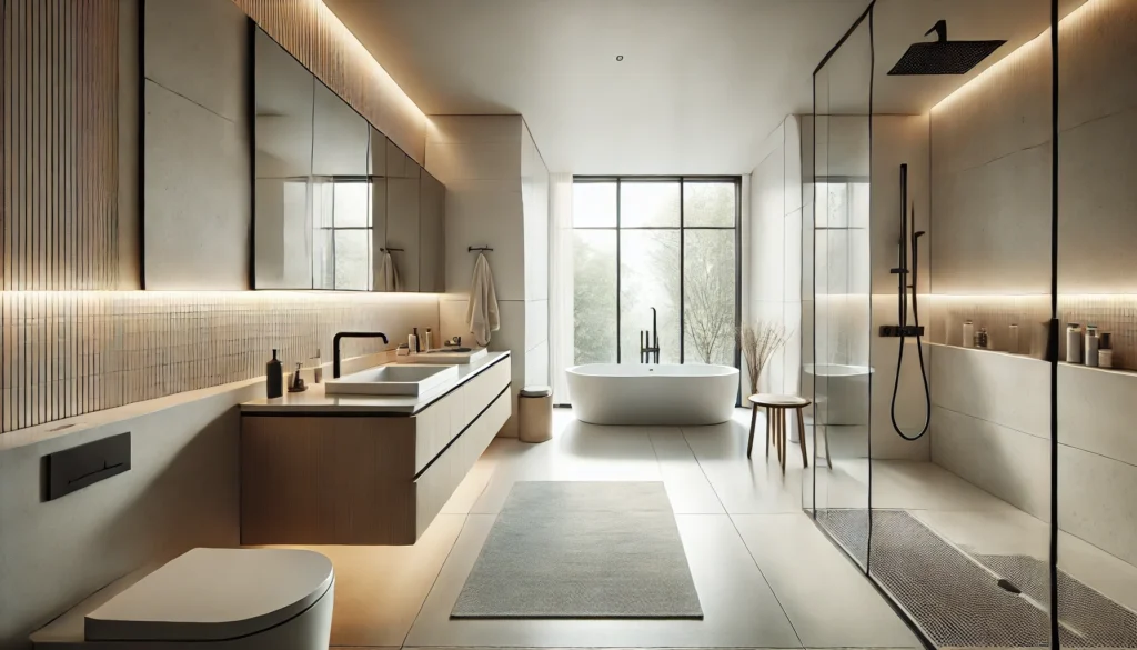 Modern bathroom with a frameless glass shower and floating vanity, highlighting areas ideal for silicone sealant application.