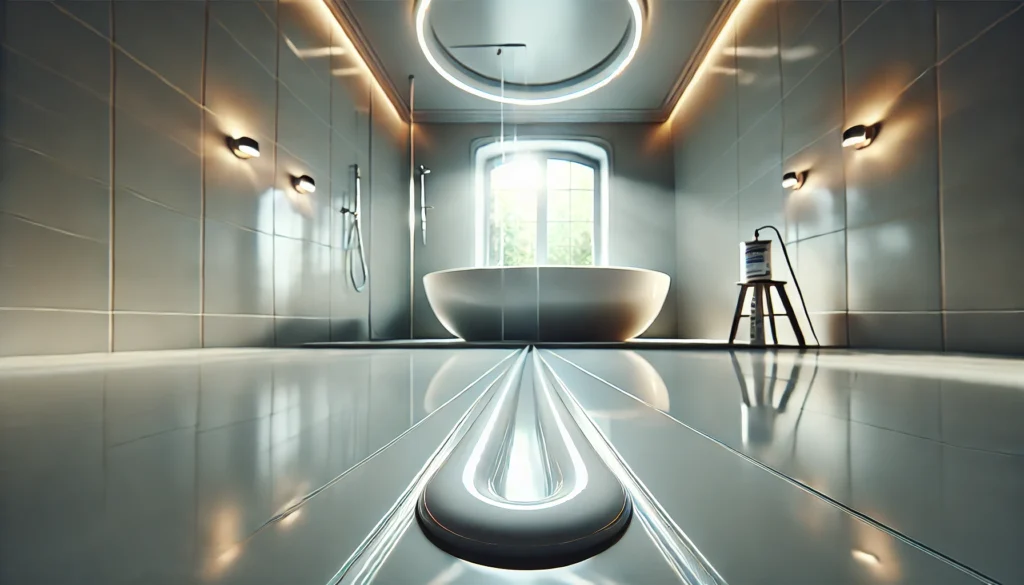 Wide-angle view of a bathroom showcasing a glossy bathtub or shower area with perfectly sealed edges using silicone sealant under bright lighting.