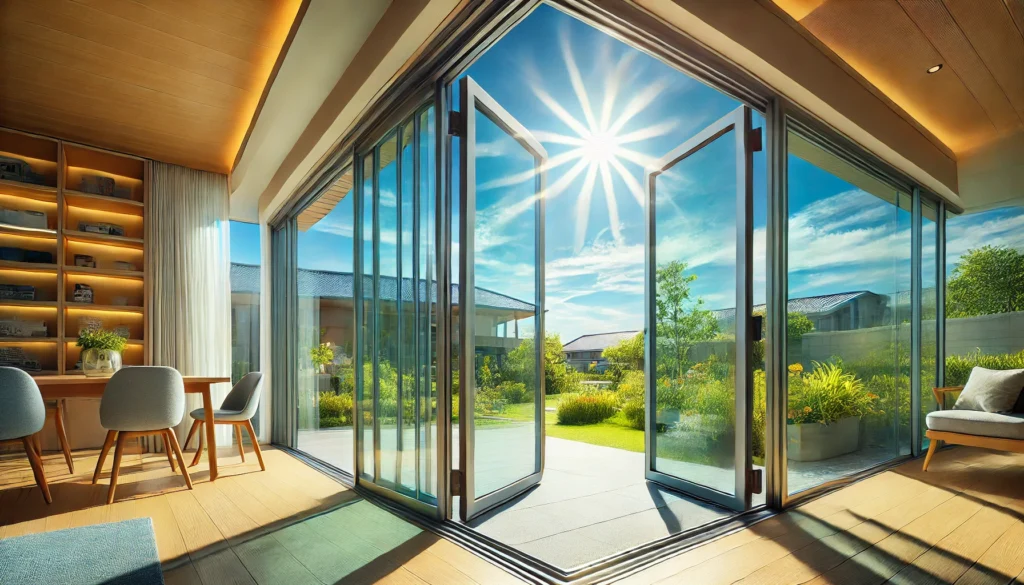 Wide-angle shot of patio doors with clear glass, sunlight streaming through, seamlessly sealed edges with silicone sealant for a polished finish.