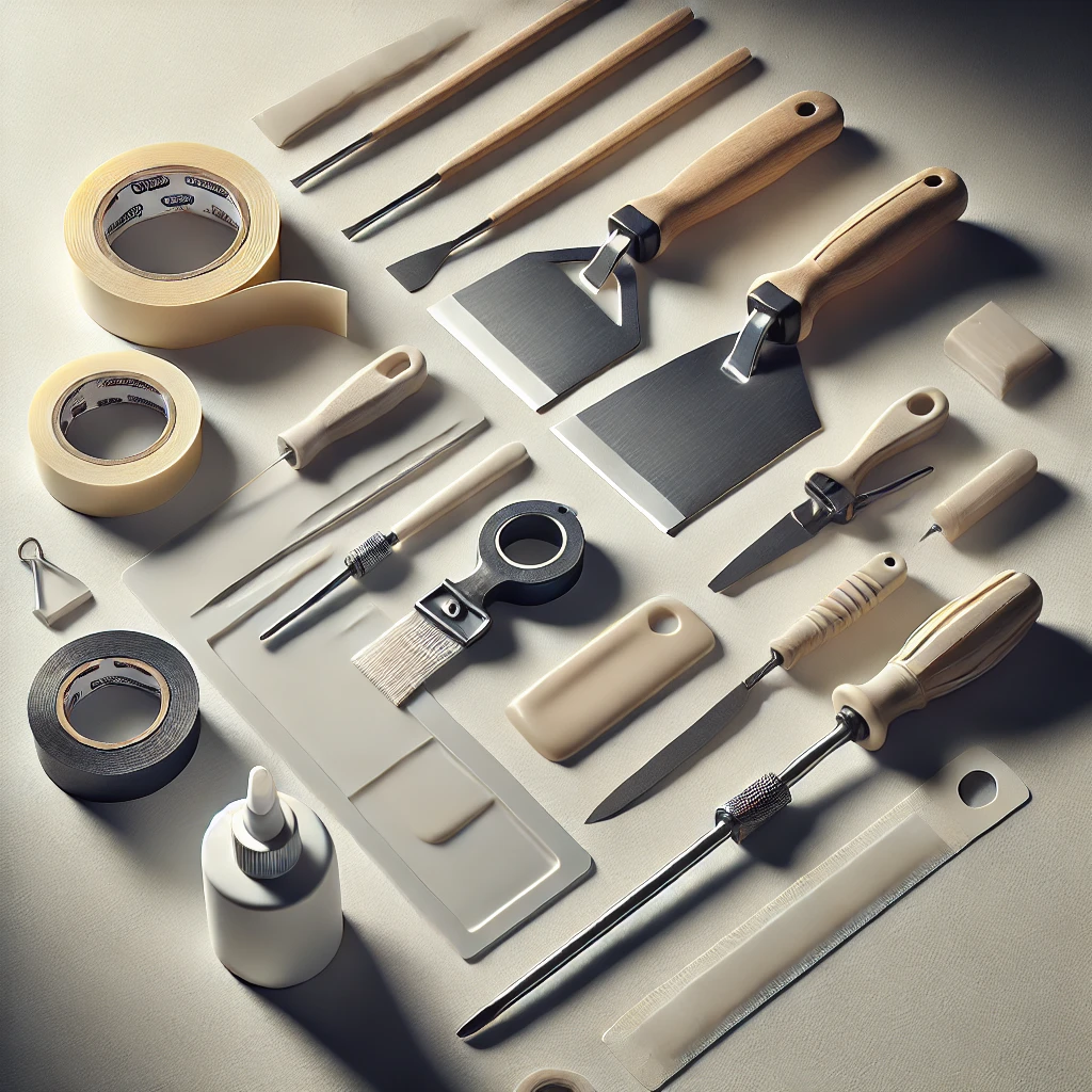 A neatly arranged set of tools for sealing, including a scraper, silicone remover, masking tape, and other related accessories, organized for efficient application.