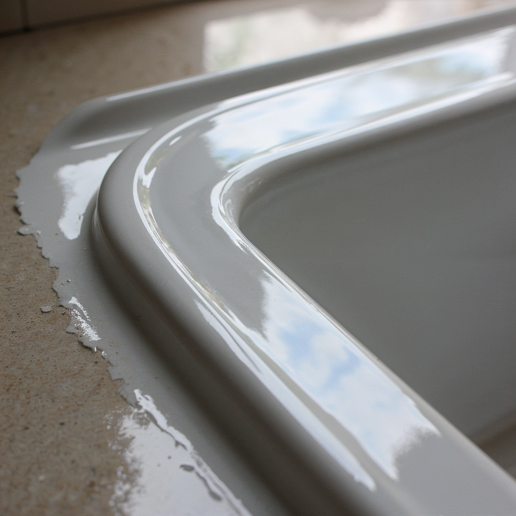 Close-up of a cleanly sealed edge on a bathroom sink, showcasing a smooth and professional silicone sealant application.