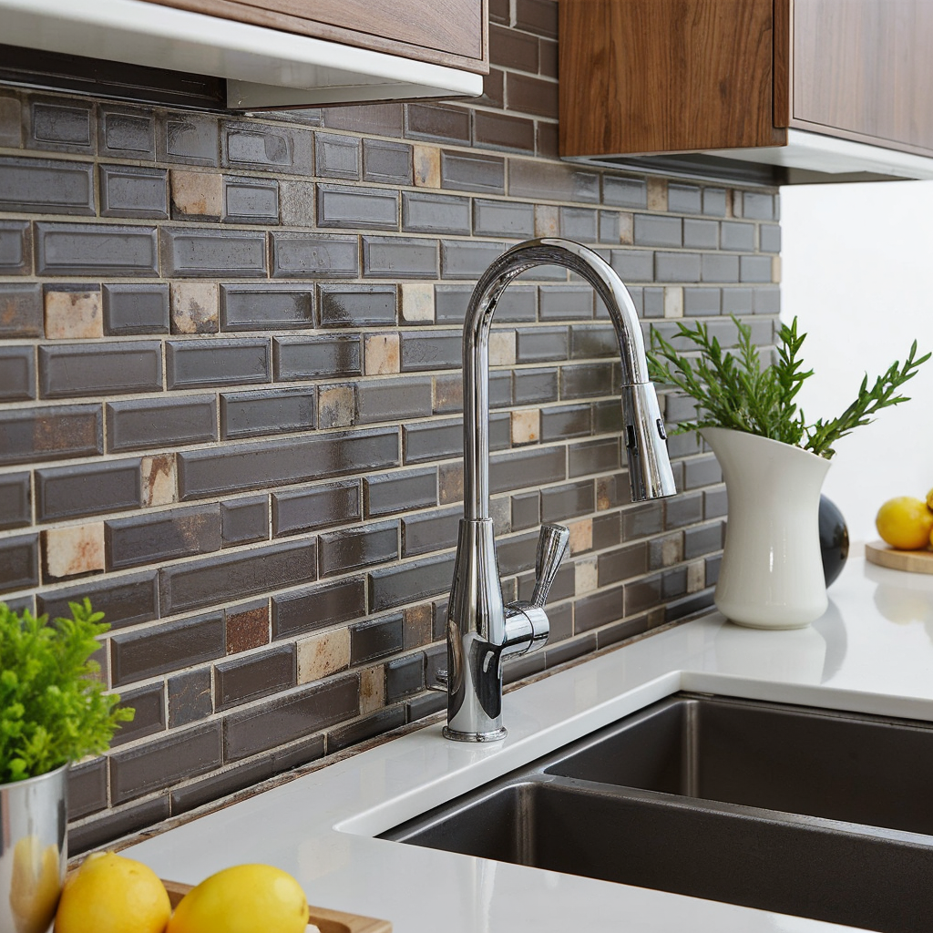 Modern kitchen sink with a shiny chrome faucet, gray mosaic backsplash, and vibrant decor including lemons and plants