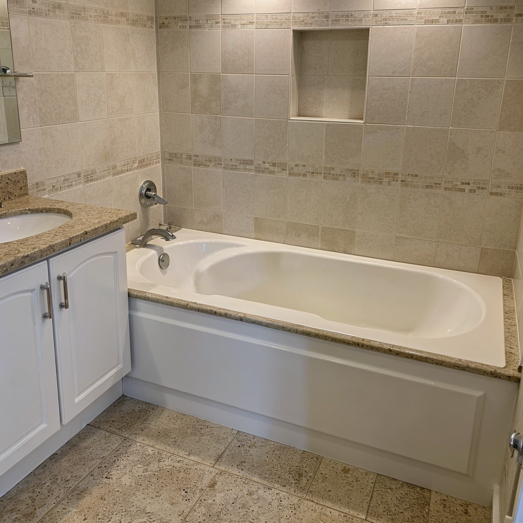 Modern bathroom featuring a white bathtub with clean silicone seals, a tiled backsplash, and a countertop sink with light granite surfaces.