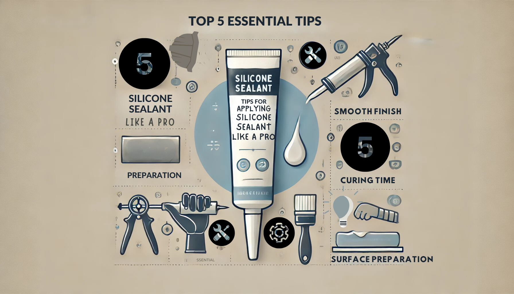 Illustration of a silicone sealant tube surrounded by icons representing essential tips for applying silicone sealant like a professional. The image includes symbols for caulking, smooth finish, curing timer, and surface preparation.