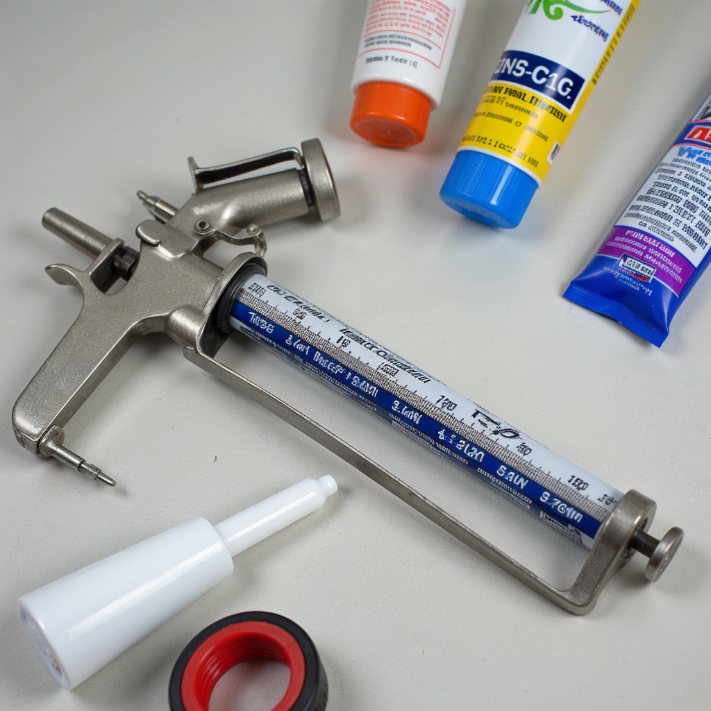 A collection of various silicone sealant tubes and application tools arranged neatly on a white surface, showcasing products for diverse sealing applications.