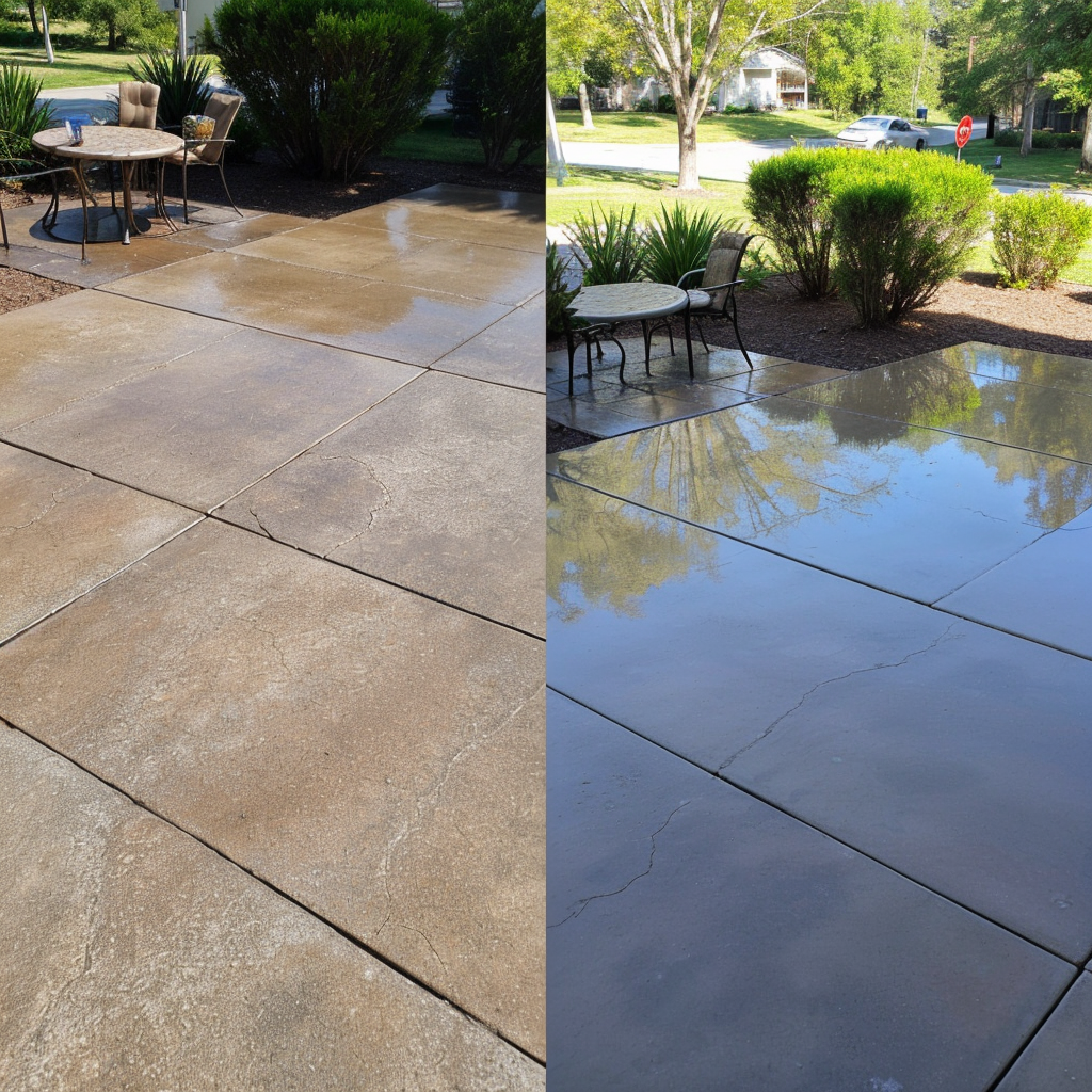 Before and after comparison of a patio surface sealed with silicone-based weatherproofing sealant.