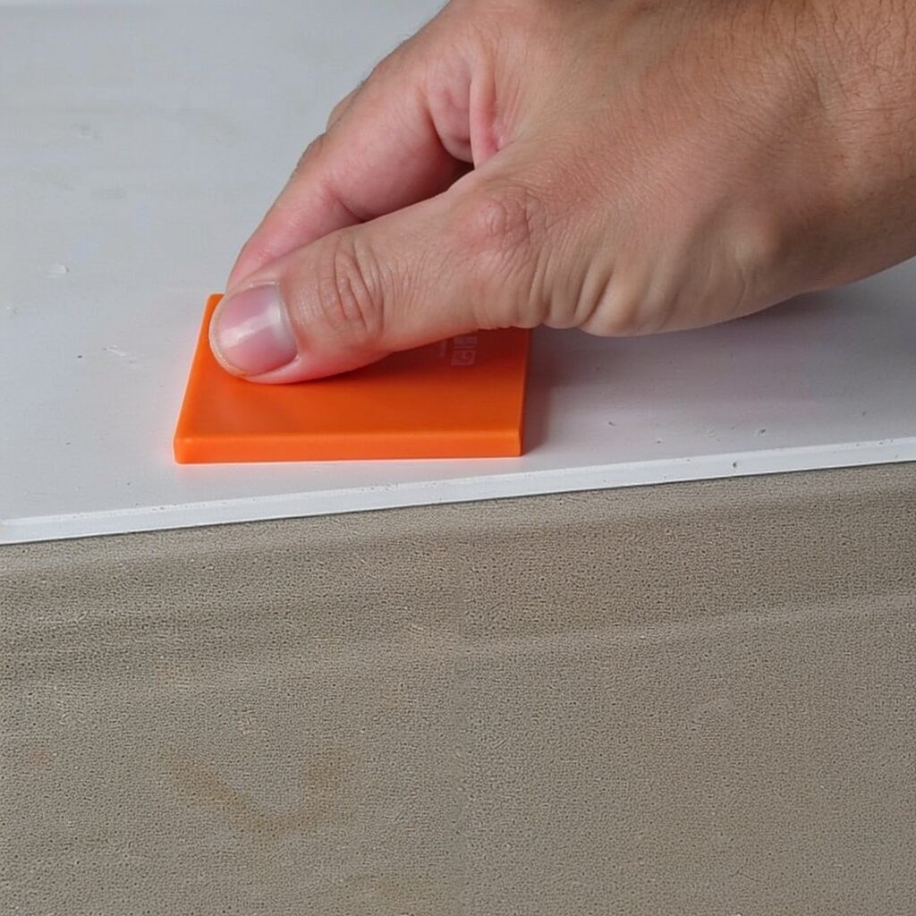 A hand smoothing sealant on a surface using a plastic tool.