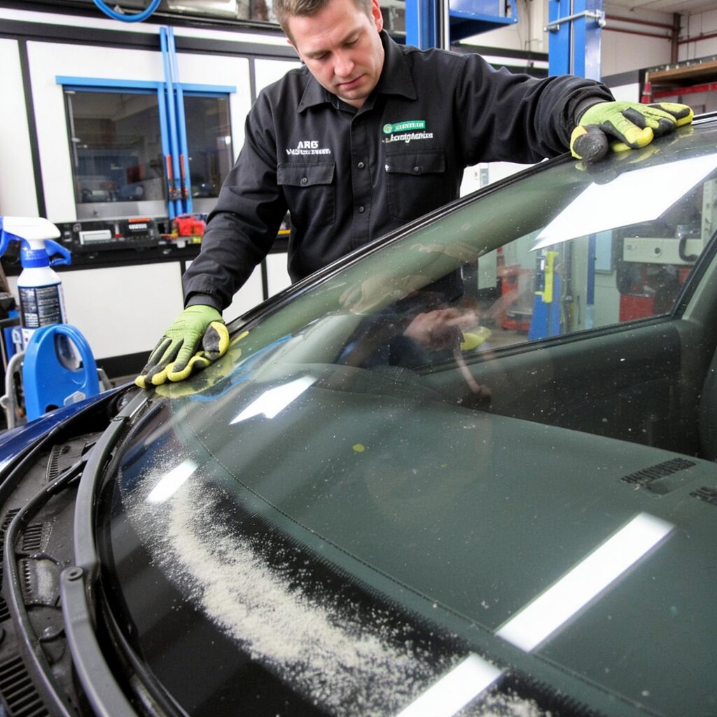 Technician installing a windscreen with bonding glue for secure adhesion and durability.