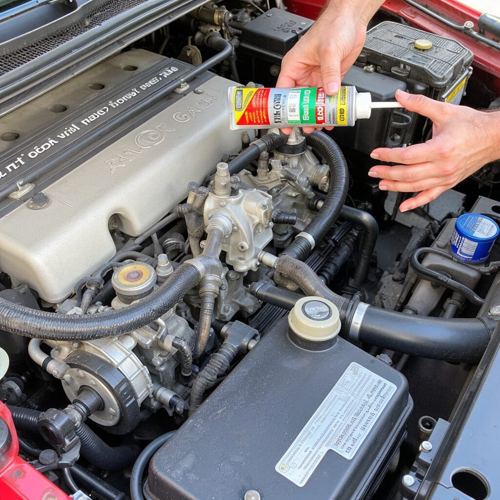 Silicone sealant applied to a car engine for custom gasket sealing.