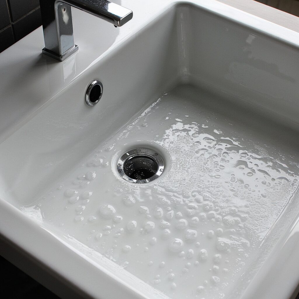 Bathroom sink with water droplets, showcasing a smooth waterproof seal.