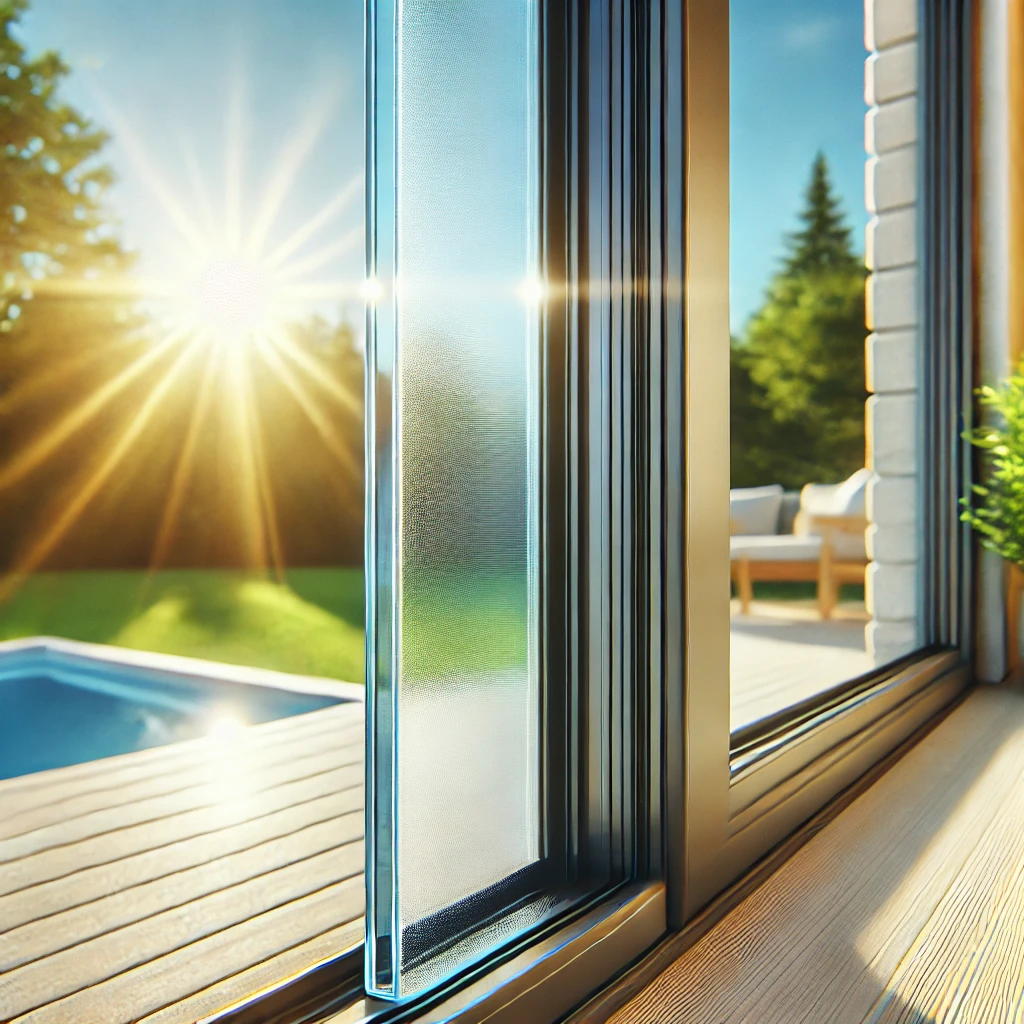 Well-sealed outdoor patio door with sunlight streaming through, highlighting seamless silicone application along the edges.