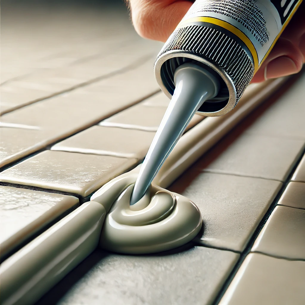 Close-up of a caulking tool smoothing a bead of silicone sealant on a tiled surface for precise and professional sealing.