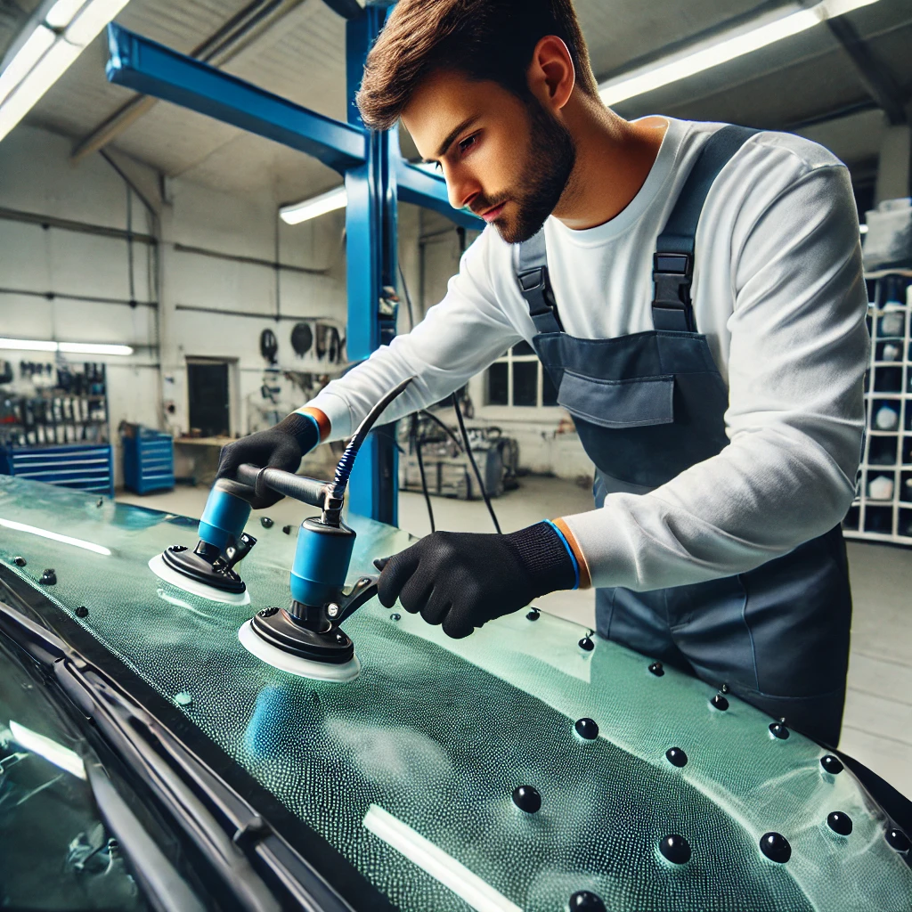 A mechanic in a professional workshop pressing a newly bonded windscreen into place using suction cups for precise alignment.