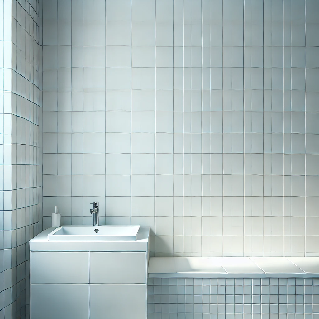 Modern tiled bathroom wall with clean grout lines sealed using silicone sealant.