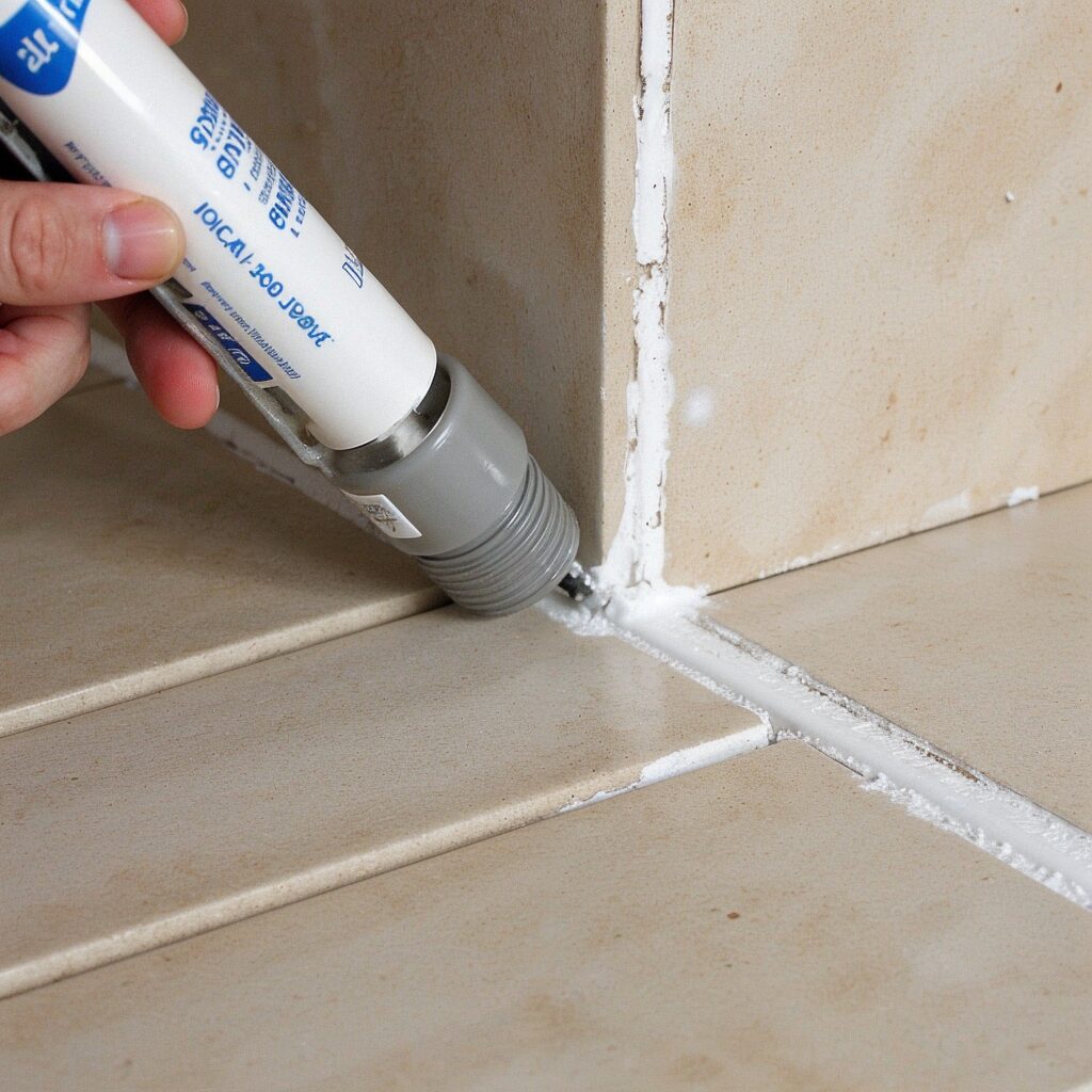 Hand applying silicone sealant with a caulking gun on bathroom tiles.