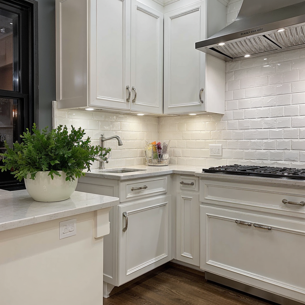 Modern kitchen with sealed countertops and backsplash, highlighting the use of silicone sealant for a waterproof and durable finish.