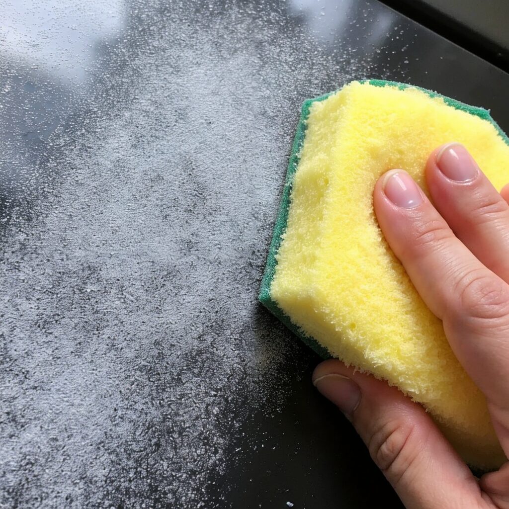 Cleaning a surface with a yellow sponge before applying silicone sealant.