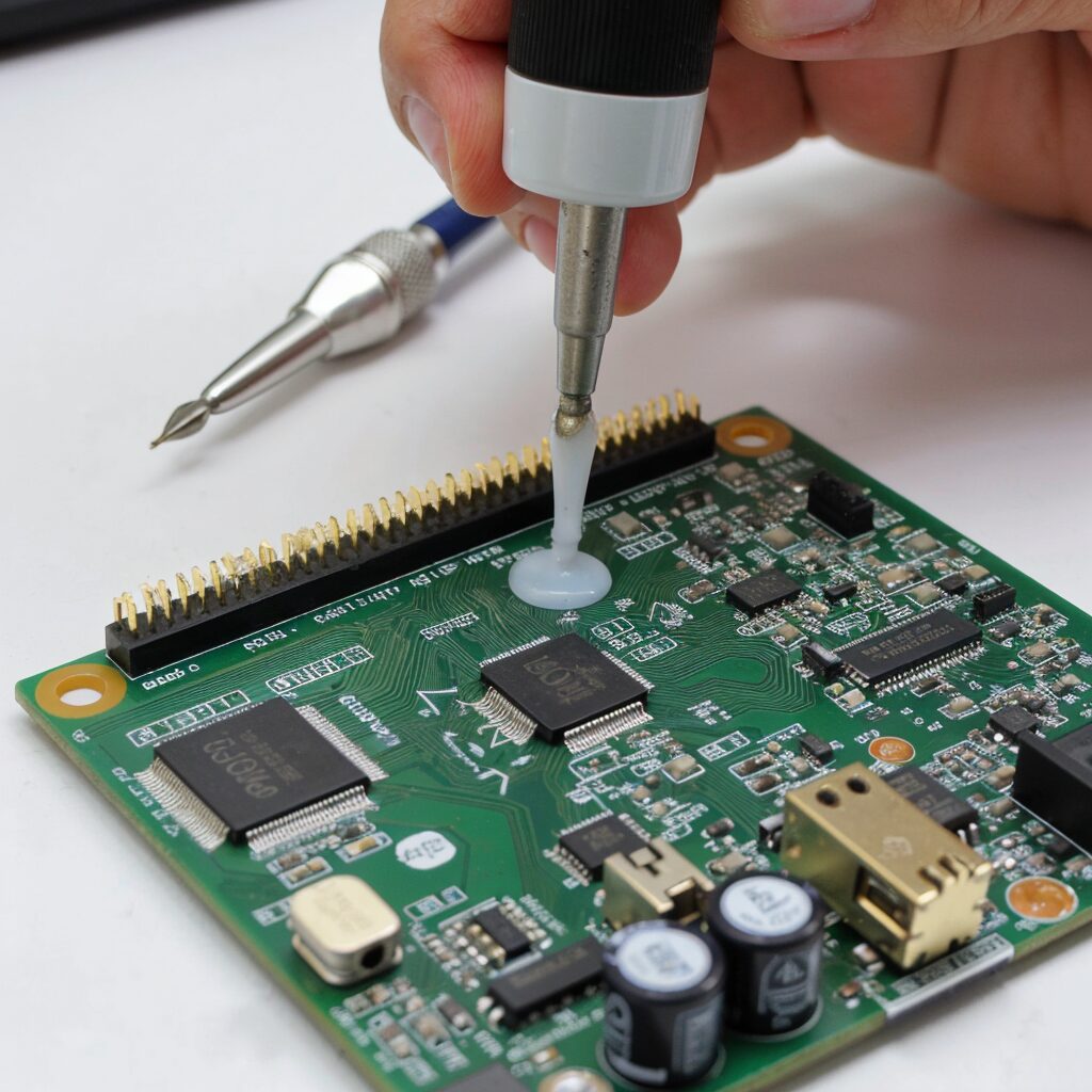 Applying silicone sealant to an electronic circuit board for moisture protection.