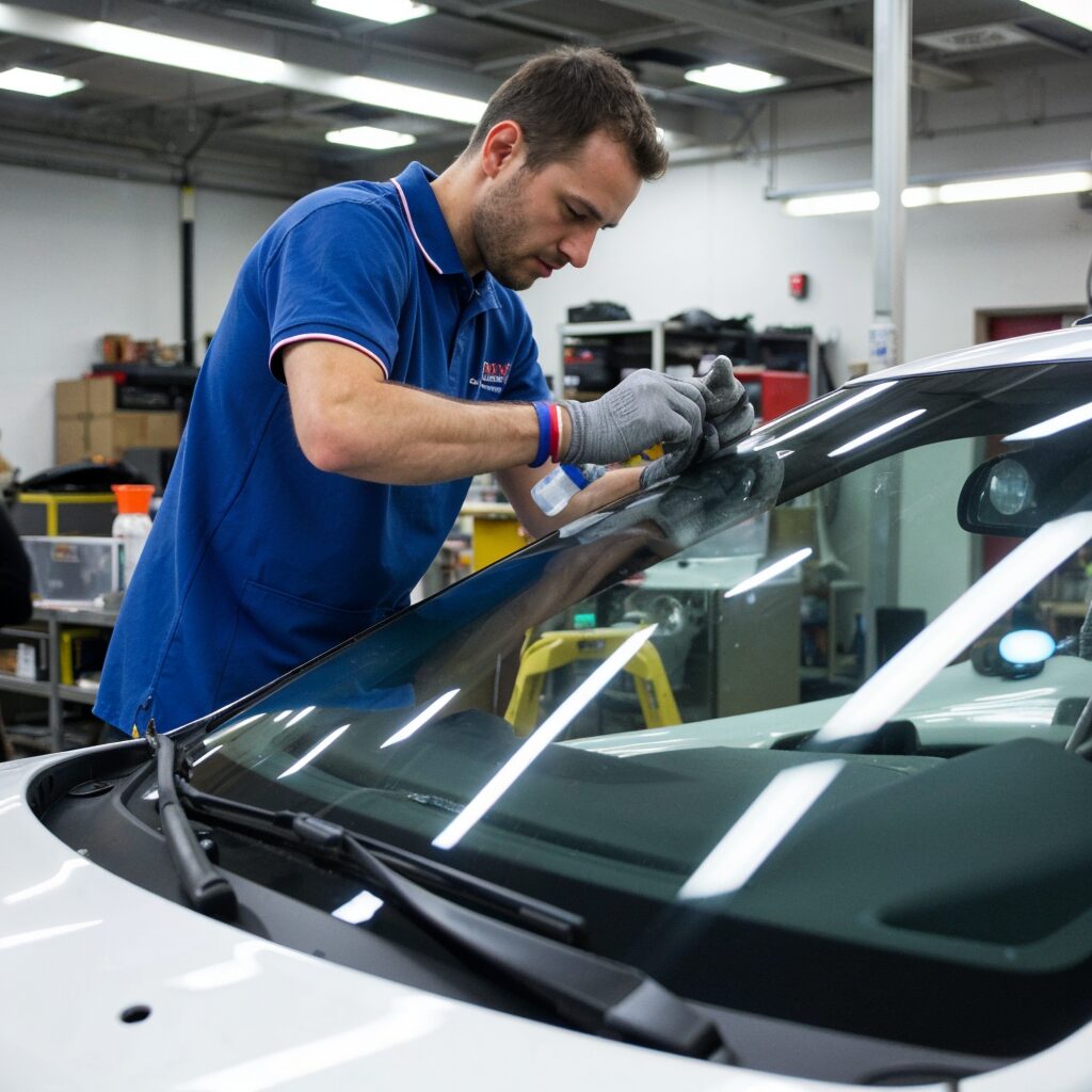 A professional mechanic carefully applying windscreen bonding adhesive to a car windscreen using a caulking gun in a workshop setting.