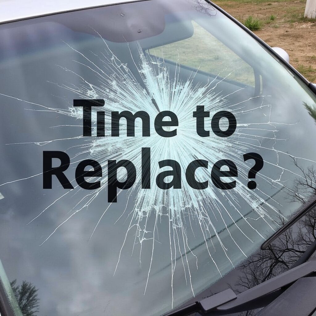 Damaged car window with text overlay reading 'Time to Replace?' emphasizing the need for replacement when cracks exceed repair limits.