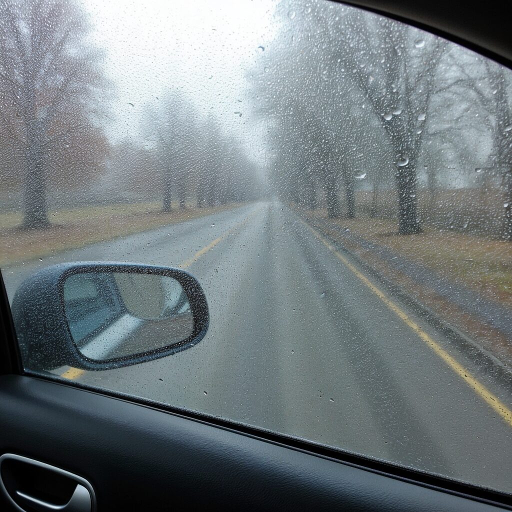 Foggy car window from inside a vehicle, highlighting reduced visibility and the need for anti-fog treatments.