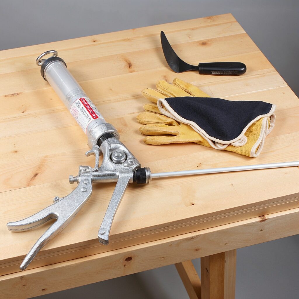 A workbench with a caulking gun, scraper, and gloves for leak repairs.