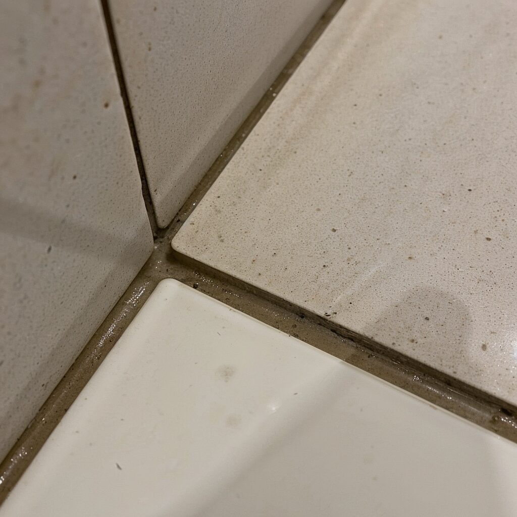 A smooth line of sealant applied to a bathroom tile edge.