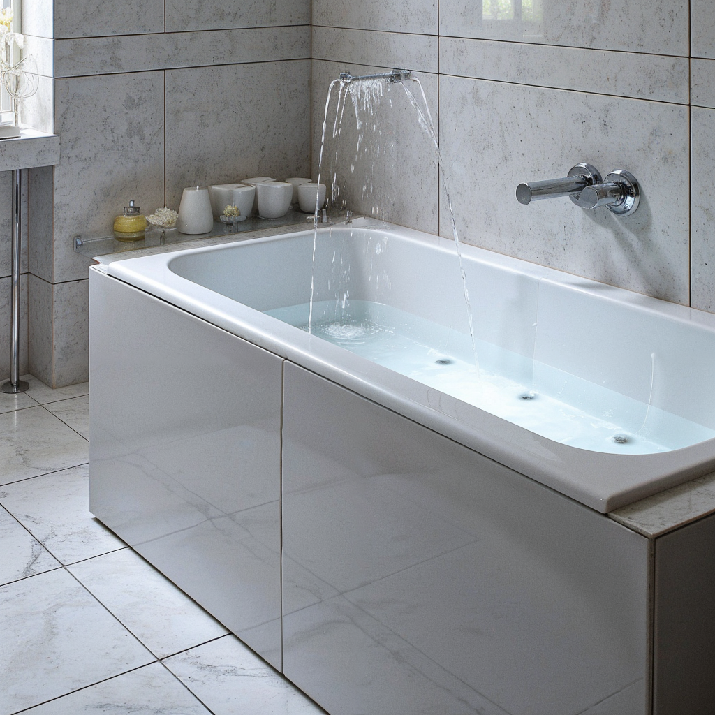 A clean and polished bathtub with silicone-sealed edges in a modern bathroom, emphasizing waterproofing and durability.