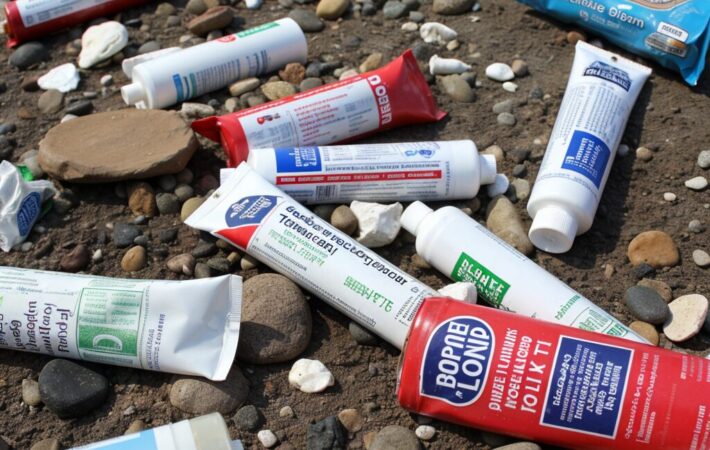 Silicone sealant tubes discarded in a landfill with non-biodegradable waste.