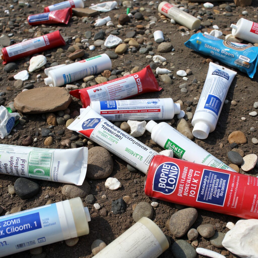 Silicone sealant tubes discarded in a landfill with non-biodegradable waste.