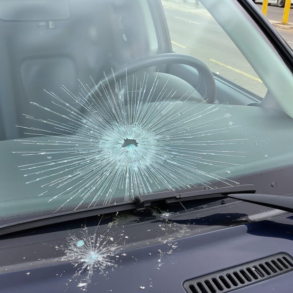 Close-up of a car windshield with a visible chip caused by flying debris, highlighting the importance of timely repairs.