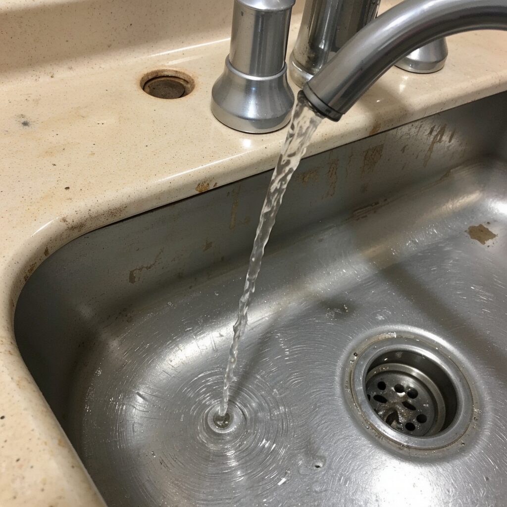 Water dripping from a faucet onto a sink, showing moisture buildup.