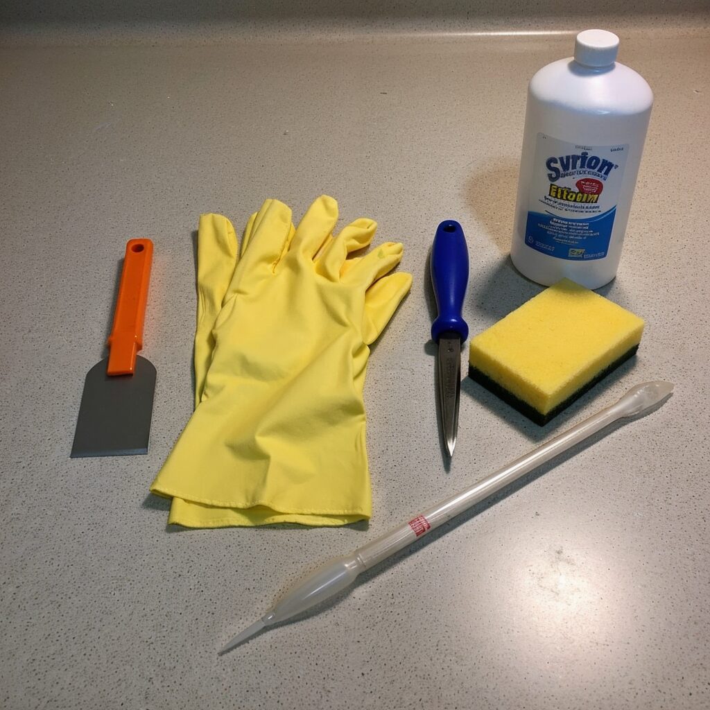 Essential tools for silicone sealant removal, including gloves, a scraper, and rubbing alcohol.