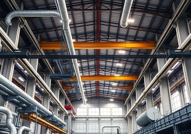 An industrial warehouse with pipes and machinery representing areas for sealant applications.