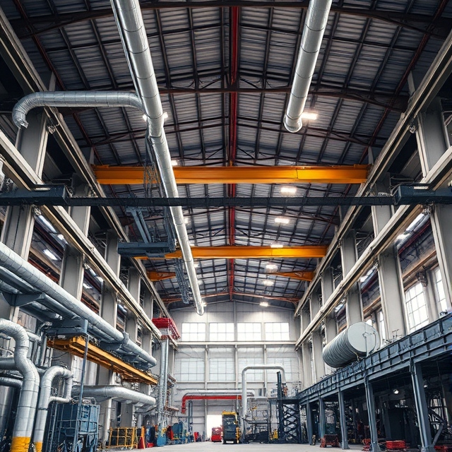 An industrial warehouse with pipes and machinery representing areas for sealant applications.